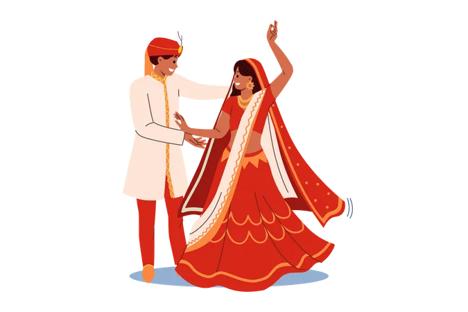 Una pareja india baila un baile nupcial con ropa nacional realizando un rito tradicional de la cultura hindi  Ilustración