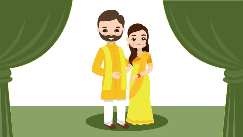 Pareja india vistiendo traje amarillo en función Haldi  Ilustración