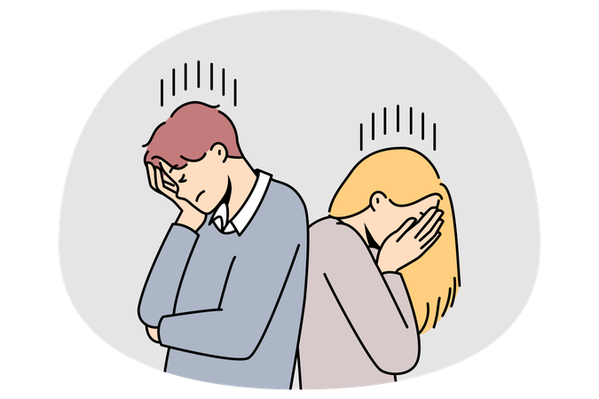 Una pareja infeliz ignora hablar después de una pelea o un malentendido.  Ilustración
