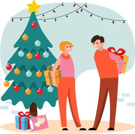 Pareja intentando sorprender con regalos de Navidad  Ilustración