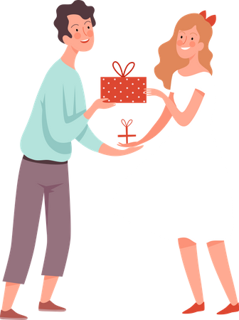 Pareja intercambiando regalos el día de san valentín  Ilustración