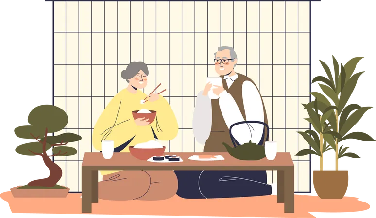 Una Pareja Japonesa Mayor Cenando Juntos En Casa Sentados En El Suelo Con Comida Tradicional Asiatica Un Hombre Y Una Mujer Orientales Mayores Cenando Ilustracion De Vector Plano De Dibujos Animados Ilustración