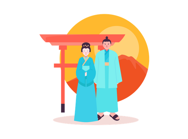 Pareja japonesa con ropa tradicional  Ilustración