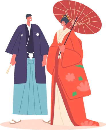 Pareja japonesa usa traje tradicional  Ilustración