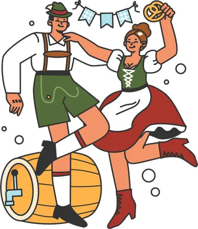 Pareja joven bailando en aktoberfest  Ilustración