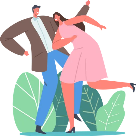 Pareja joven bailando tiempo libre.  Ilustración