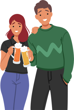 Pareja joven bebiendo cerveza juntos  Ilustración