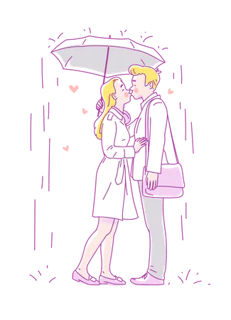 Pareja joven besándose bajo la lluvia bajo un paraguas  Ilustración