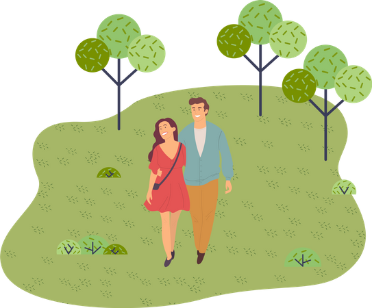 Una pareja joven camina por el parque abrazándose  Illustration