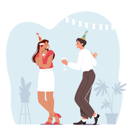 Pareja joven celebrando una fiesta o comunicándose en una fiesta en casa  Ilustración