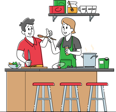 Pareja joven cocinando juntos en la cocina  Ilustración