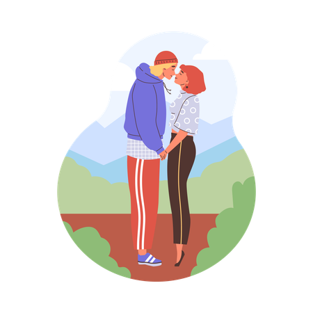 Pareja joven tomándose de la mano mientras la niña se pone de puntillas para besarse  Ilustración