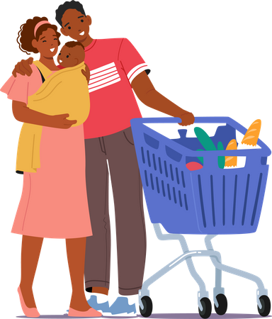 Pareja joven con bebé en el supermercado con carrito de compras cargado  Ilustración