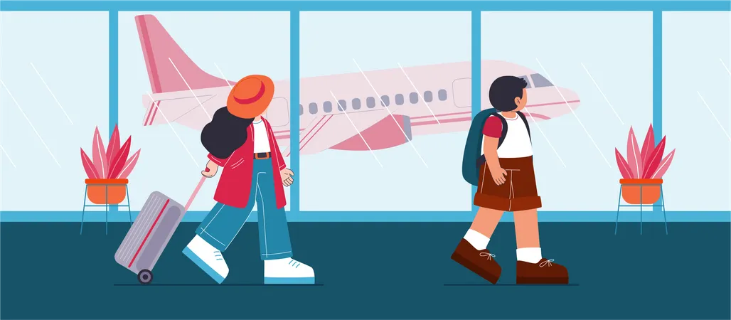 Pareja joven con mochila en el aeropuerto  Ilustración