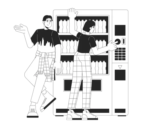 Pareja joven coreana recostada en una máquina expendedora  Ilustración