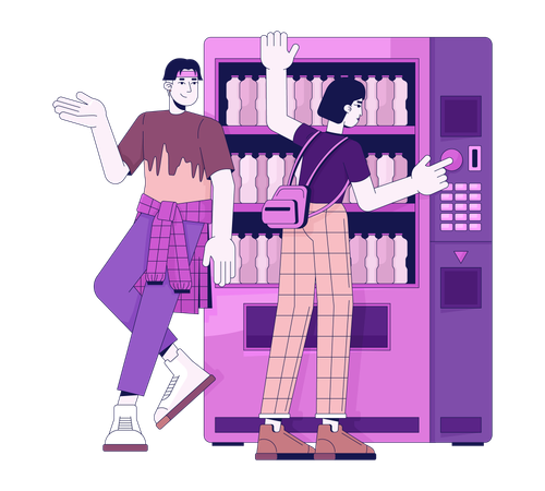 Pareja joven coreana recostada en una máquina expendedora  Ilustración