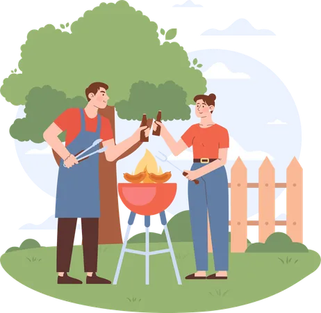 Pareja joven disfrutando de cocinar al aire libre  Illustration