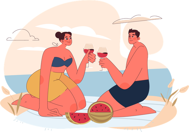 Pareja joven disfrutando de jugo de sandía en la playa  Ilustración