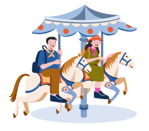 Pareja joven disfrutando de paseo a caballo en carnaval  Ilustración