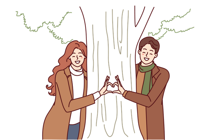 Pareja joven haciendo corazón usando las manos  Ilustración