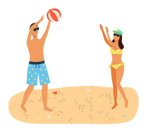 Pareja joven jugando pelota de playa en la playa  Ilustración