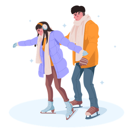 Pareja joven patinando sobre hielo  Ilustración