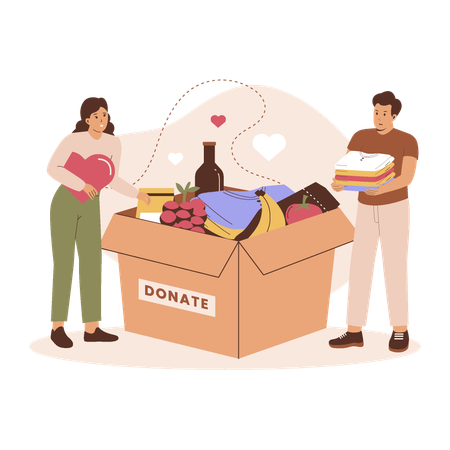 Pareja joven recogiendo ropa y donación de alimentos.  Ilustración