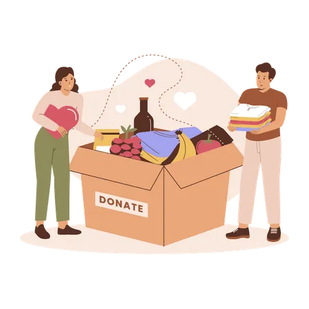 Pareja joven recogiendo ropa y donación de alimentos.  Ilustración