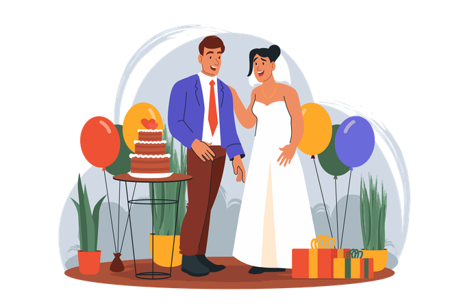 Una pareja joven se va a casar y tiene una fiesta para celebrarlo.  Ilustración