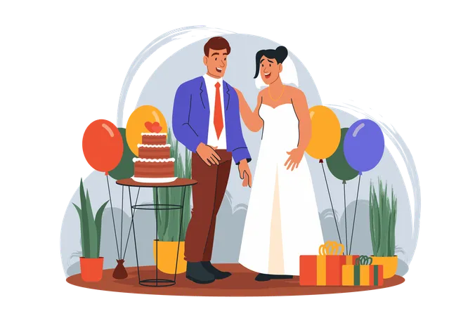 Una pareja joven se va a casar y tiene una fiesta para celebrarlo.  Ilustración