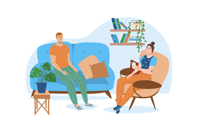 Una pareja joven se relaja en un acogedor salón  Ilustración
