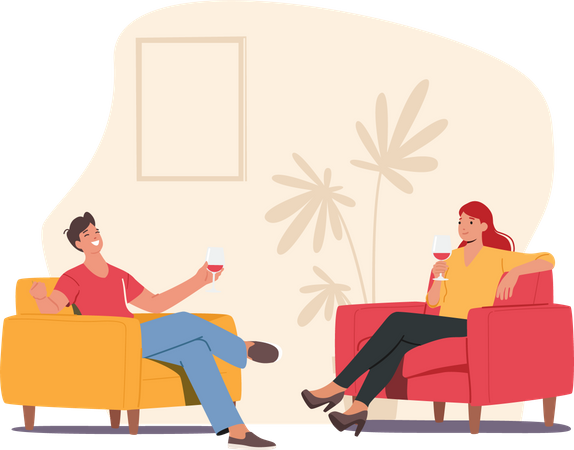 Pareja joven sentada en sillones en la habitación sosteniendo copas de vino  Ilustración