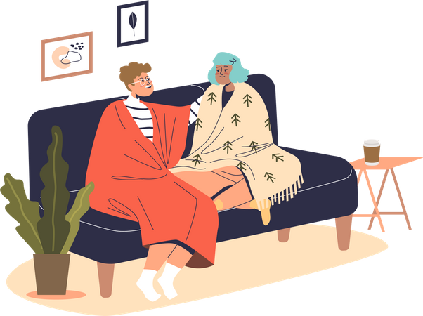Una pareja joven se sienta en un sofá cubierto con mantas cálidas en el interior  Ilustración