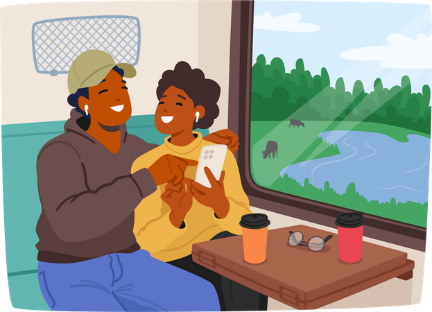 Pareja joven sentada en el vagón de tren charlando mirando en el teléfono inteligente  Ilustración