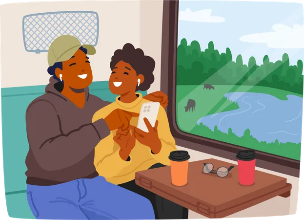 Pareja joven sentada en el vagón de tren charlando mirando en el teléfono inteligente  Ilustración