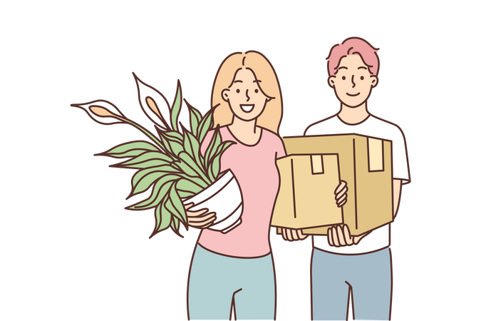 Pareja joven sosteniendo planta y caja de carga  Ilustración