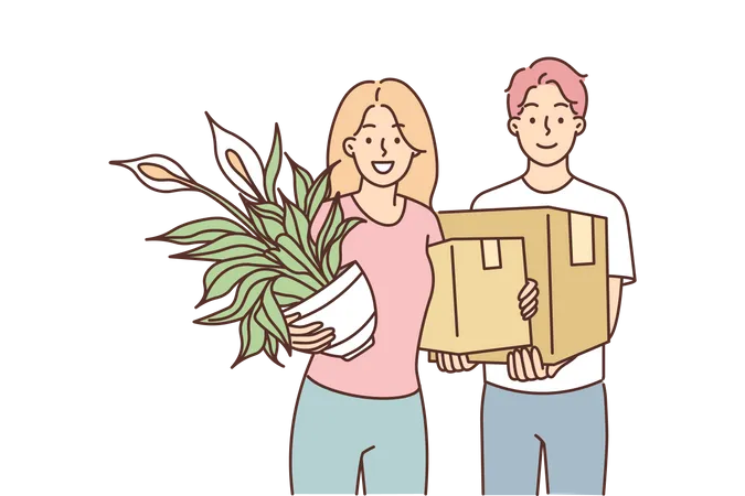 Pareja joven sosteniendo planta y caja de carga  Ilustración