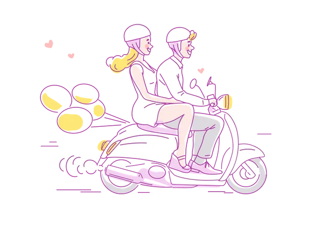 Pareja joven viajando en scooter con globos detrás  Ilustración