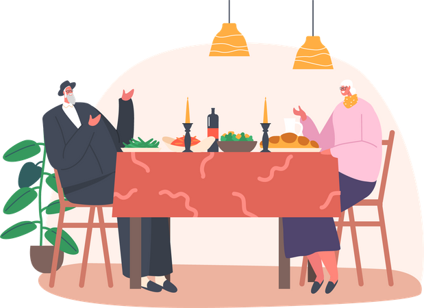 Pareja judía mayor celebrando o cenando juntos  Ilustración