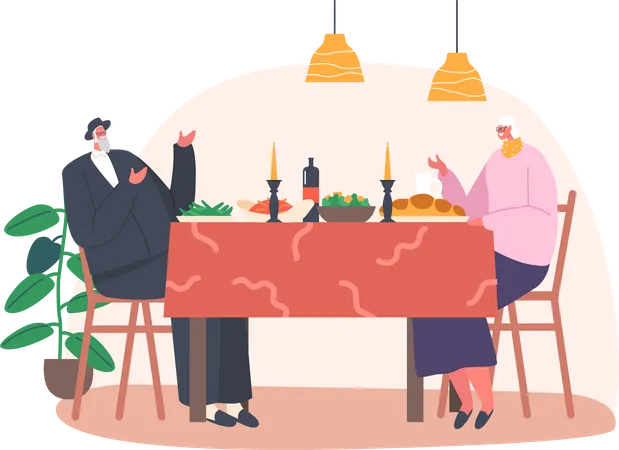 Pareja judía mayor celebrando o cenando juntos  Ilustración