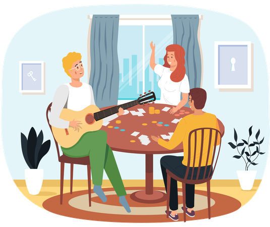 Pareja jugando a un juego de mesa mientras Guy toca la guitarra y actúa  Ilustración