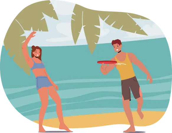 Pareja jugando con frisbee en la playa  Ilustración