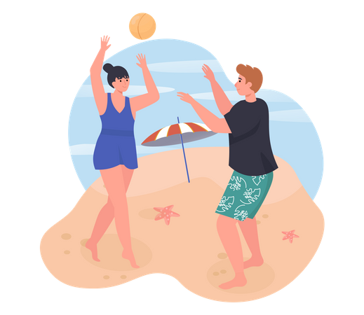 Pareja jugando con pelota en la playa  Ilustración