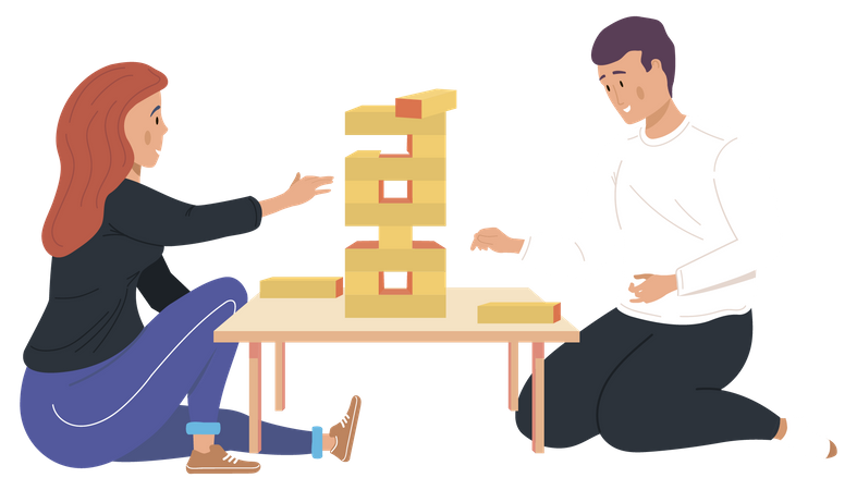 Pareja jugando Jenga en casa  Ilustración