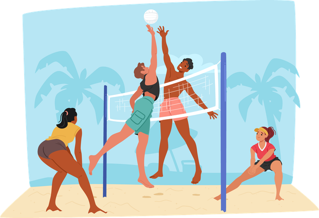 Pareja jugando voleibol en la playa  Ilustración