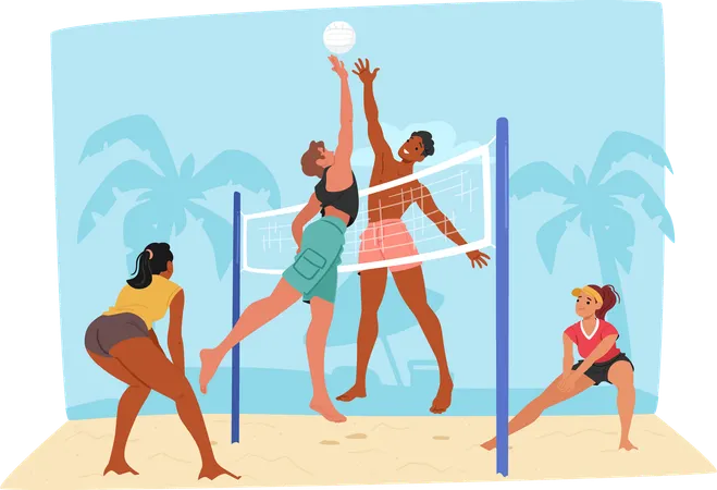Pareja jugando voleibol en la playa  Ilustración