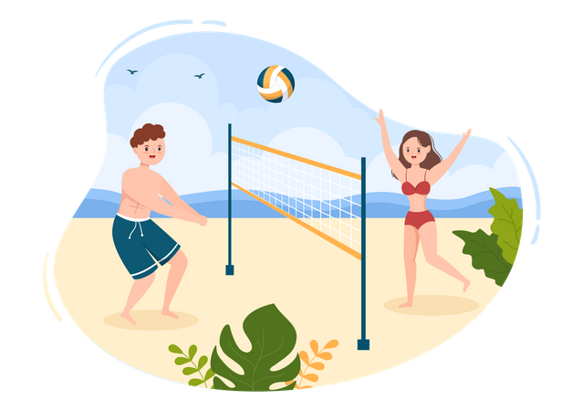 Pareja jugando voleibol de playa  Ilustración