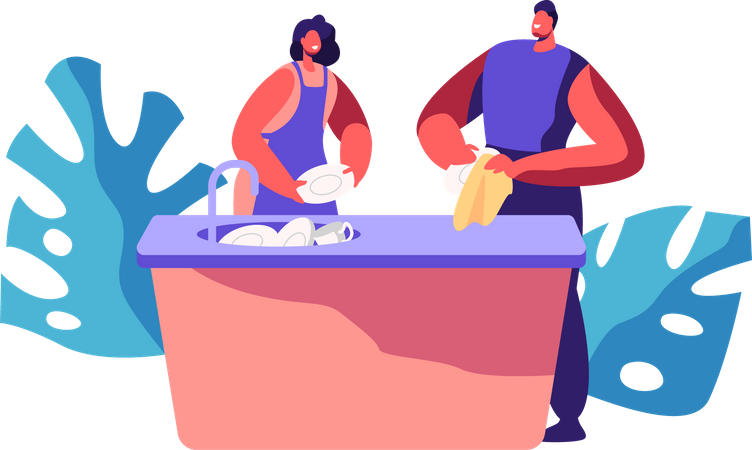 Pareja lavando platos juntos en la cocina  Ilustración