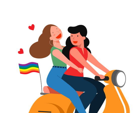 Pareja de lesbianas montando bicicleta juntas  Ilustración