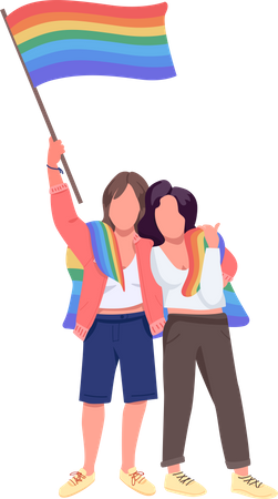 Pareja de lesbianas con bandera del arco iris  Ilustración